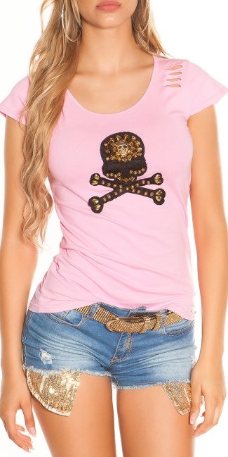 T-Shirt with skull and net back Pink